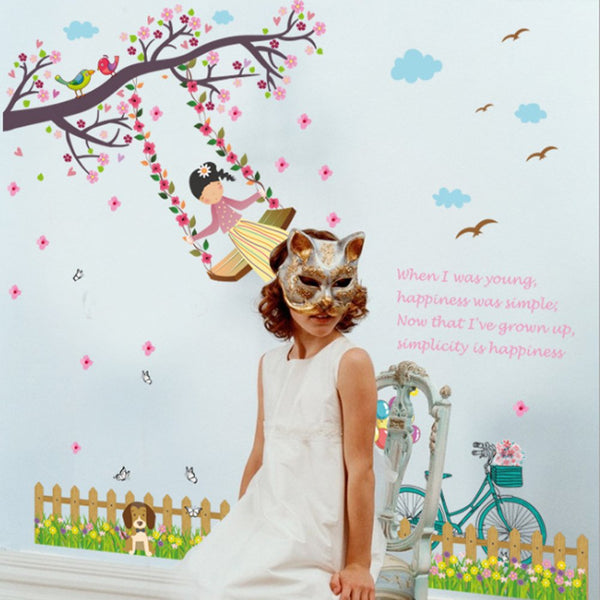 Swing Girl Baseboard Flowers Tree Birds Butterflies Wall Decal Home Sticker PVC Murals Paper House Decoration Wallpaper Living Room Bedroom Art Picture for Kids Teen Senior Adult Baby size 50x70 sk7051