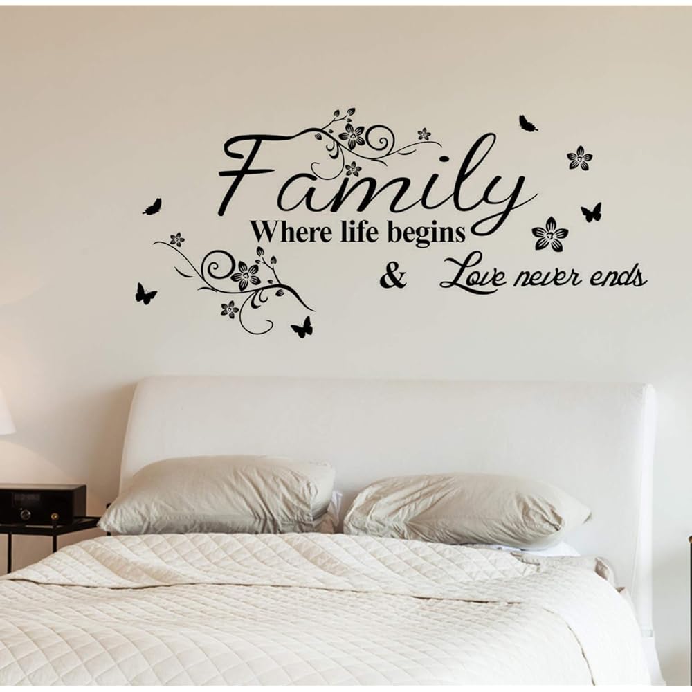 Family Where Life Begins Love Never Ends with Flowers and Butterfly Vinyl Removable Wall Quote Sticker Decal (Black)