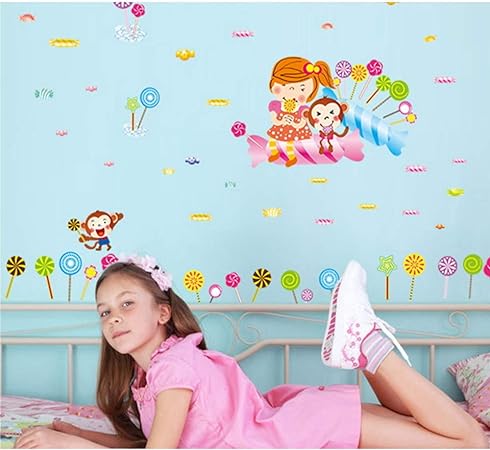 BEST OF BEST Cartoon Lollipop Girl Monkey Wall Sticker Home Decal Removable PVC Murals Wallpaper Girls Boys Kids Baby Nursery Bedroom Living Room Bathroom Kitchen Window Playroom Decor