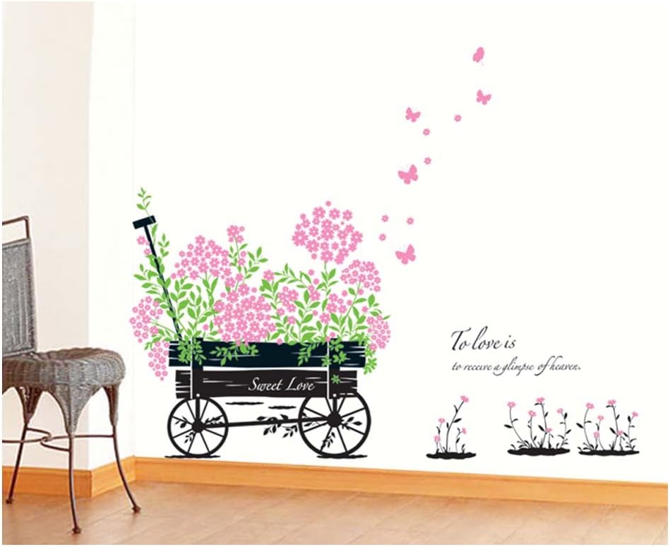 Ay705 Gardens Theme Adhesive Rooms Walls Vinyl DIY Stickers / Murals / Decals / Tattoos / Transfers With Wheelbarrow And Pink Flowers By VAGA