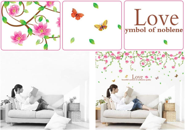 Home Decor Line PVC Art Decoration Removable Pink Roses Romantic Flower Rattan Style for Wedding Room Home Decals Mural Restaurant Bedroom Sitting Room Sofa TV Background by size 60x90 ay9150a