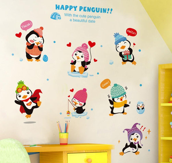 XH1059c BIBITIME Kindergarten Classroom Nursery Cartoon Saying Quotes Happy Penguin Wall Decals Stickers Bedroom Kids Room Decor,DIY