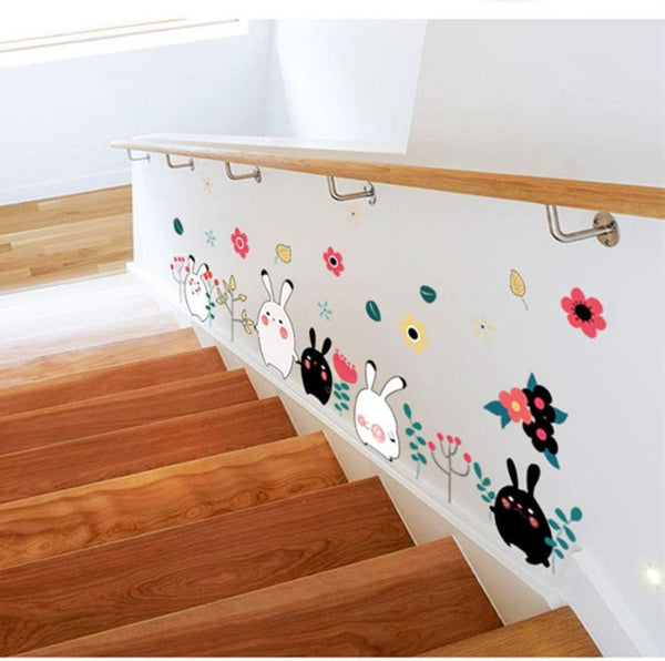 Super Mignon Noir Et Blanc De Bande Dessinée Lapin Fleurs Stickers Muraux Enfants Chambre Décoration Amovible Animal Applique Armoire size 60x90 mj8009