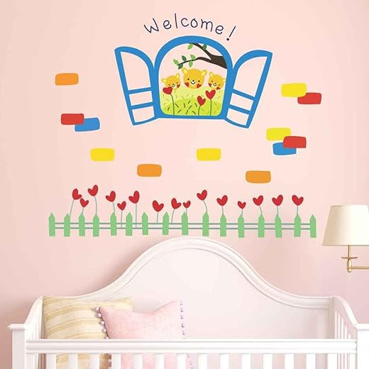 Cute Bear Window and Flower Wall Sticker size 60x90 ay840