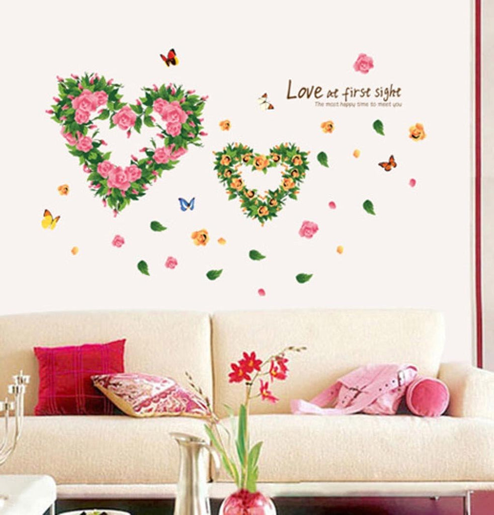 Ays6014 BIBITIME 2 Romantic Flower Hearts Meet "Love at First Sight" Valentines Day Vinyl Quotes Butterfly Lovers Wall Decals Sticker