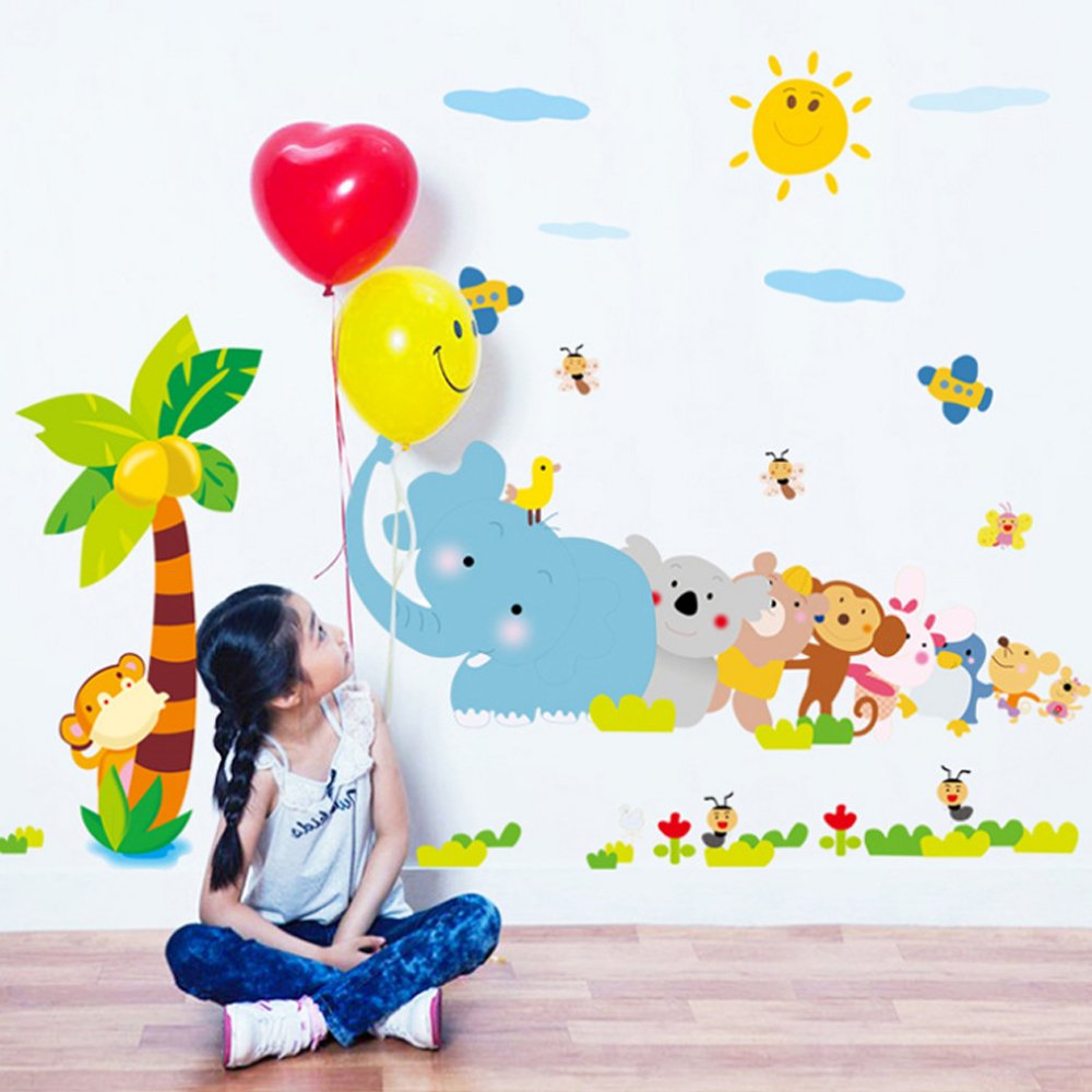 beautybuy Baby Boy's Elephant Birds Coconut Tree Monkey Flower Animals Wall Decal Ay9161