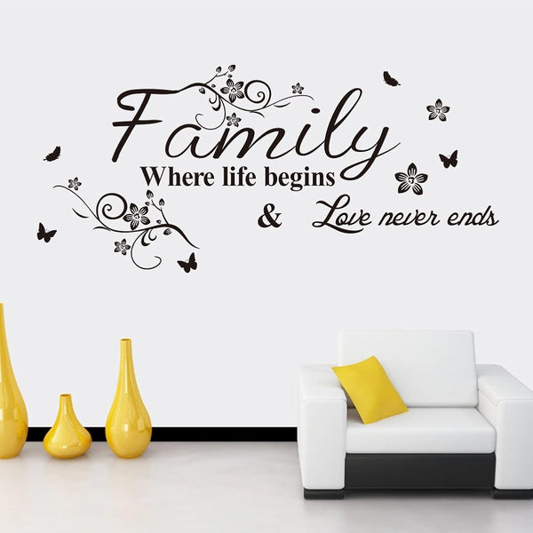 Family Where Life Begins Love Never Ends with Flowers and Butterfly Vinyl Removable Wall Quote Sticker Decal (Black)