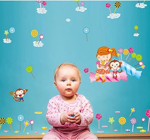 BEST OF BEST Cartoon Lollipop Girl Monkey Wall Sticker Home Decal Removable PVC Murals Wallpaper Girls Boys Kids Baby Nursery Bedroom Living Room Bathroom Kitchen Window Playroom Decor