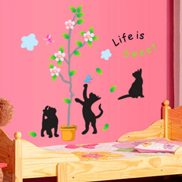 Lovely chats feuilles Papillons Arbre Fleurs Sticker mural Sticker Home Papier amovible Salon Salle à manger Chambre Cuisine Art Picture murals DIY Stick filles garçons enfants jeux chambre bébé Décoration