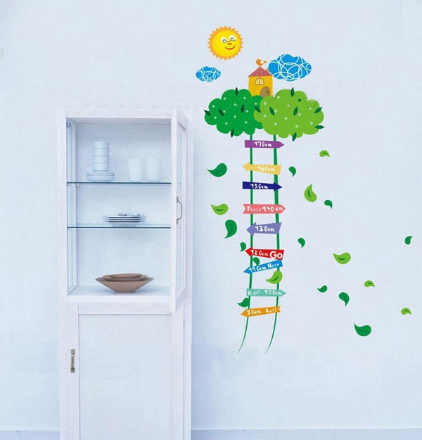 BIBITIME Green Leaves Ladder Height Chart Sun Sky Cloud Birds House Wall Decal Sticker Nursery Growth Charts Colorful Measurement for Kids Room Decor Art Mural (Minimum Scale: 90cm;Max:170cm)