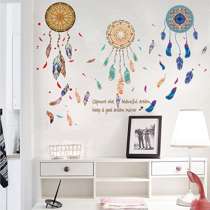 Dream Catcher Wall Decals Colourful Feather Wall Stickers Peel and Stick Removable Art Mural for Bedroom Kids Room Nursery Living Room Office Home Decoration size 60x90  xl8270