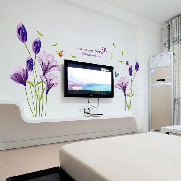 Cute 3D Purple Flowers Wall Sticker Art Mural Decal for Living Room Kitchen Desk Background size 70x50 xls7113