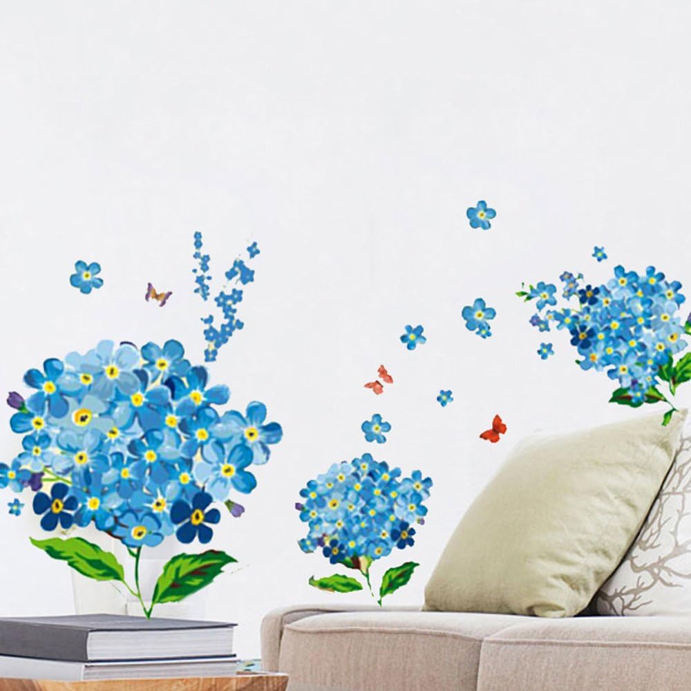 Romantic Blue Flowers Charm Wall Stickers Removable Wall Decals Home Decor PVC Art Mural Baby Boys Girls Kids Bedroom Kitchen Nursery Room Decoration Wall Sticker Posters
