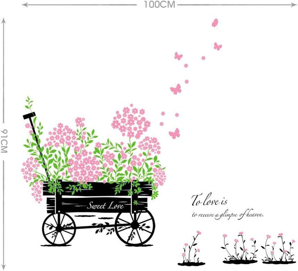 DM570049 Gardens Theme Adhesive Rooms Walls Vinyl DIY Stickers / Murals / Decals / Tattoos / Transfers With Wheelbarrow And Pink Flowers By VAGA