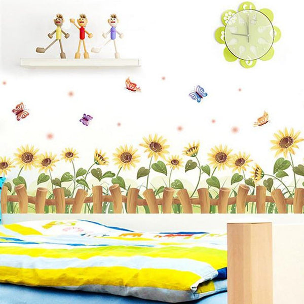 Removable Cartoon Animal Wall Stickers with Butterflies and Flowers, PVC Home Decor Wall Decals for Babies, Kids, Girls, Kitchen Decor, Posters (Sunflower Butterfly Fence) size 50x70 xls7178
