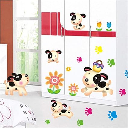 Happy Dogs and Flowers Leaves Wall Decal Home Sticker Ay7036