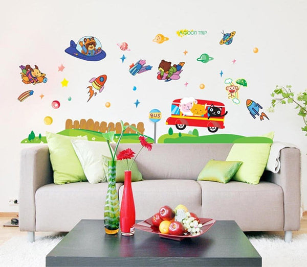 BIBITIME Bus Sheep Cat Animal Space Travel Wall Decal Rainbow Monkey Bear Airplane Rocket UFO Vinyl Sticker for Nursery Bedroom Kids Room Decor Art Mural DIY PVC Decorations size 60x90 ay873