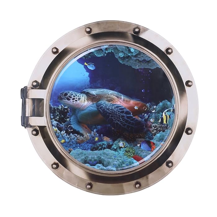 DNVEN 20 inches x 20 inches 3D Vivid Undersea Tropical Fishes Sea Turtles Window View Faux Submarine Window Partial Frosted Frosting Murals Wall Decals Removable Wall Stickers for Bedrooms Home Arts