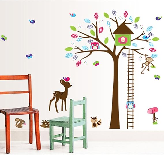 Cartoon Animals Wall Stickers Butterflies Trees Flowers Removable Wall Decals Home Decor PVC Art Mural Baby Boys Girls Kids Bedroom Kitchen Room Decoration Wall Sticker  size 60x90  df5078