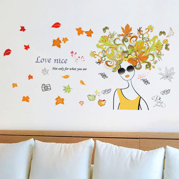 Outgeek Wall Decoration Sticker Wall Art Decal Woman and Maple Leaves DIY Wall Decor Decal for Home One Size Multicolor size 50x70 xls7209