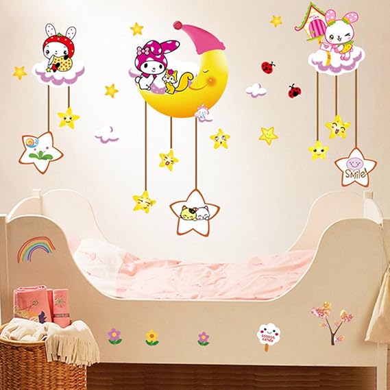 Wallpark Cute Smiling Star Moon Cartoon Rabbit Removable Wall Sticker Decal, Children Kids Baby Home Room Nursery DIY Decorative Adhesive Art Wall Mural size(60x90) xl8073