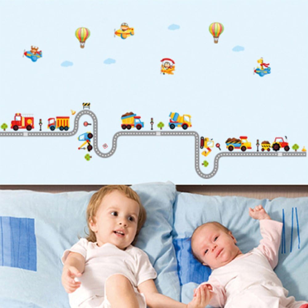 Cartoon Car Road Wall Stickers Removable Wall Decals Home Decor PVC Art Mural Baby Boys Girls Kids Bedroom Kitchen Decoration Wall Stickers Posters