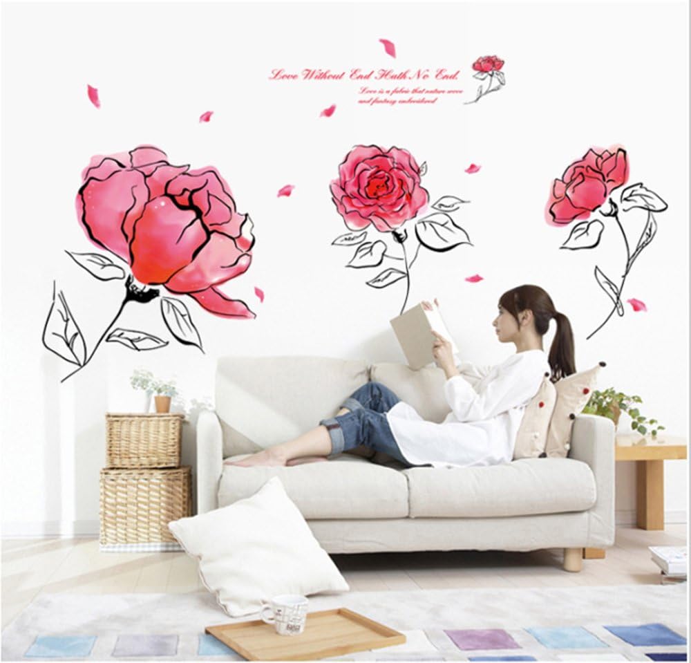 Wall Decal Pink Rose Lily Daisy Magnolia Flower Romantic Vinyl Sticker for Bedroom Living Room (Romantic pink flower) size 50x70 ay7234