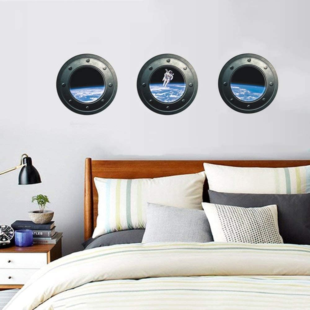 DNVEN 13 inches x 13 inches x 3pcs Set of 3 3D Astronaut Spaceman Galaxy Space Window View Faux Submarine Window Partial Frosted Frosting Murals Wall Decals Removable Wall Stickers for Bedrooms