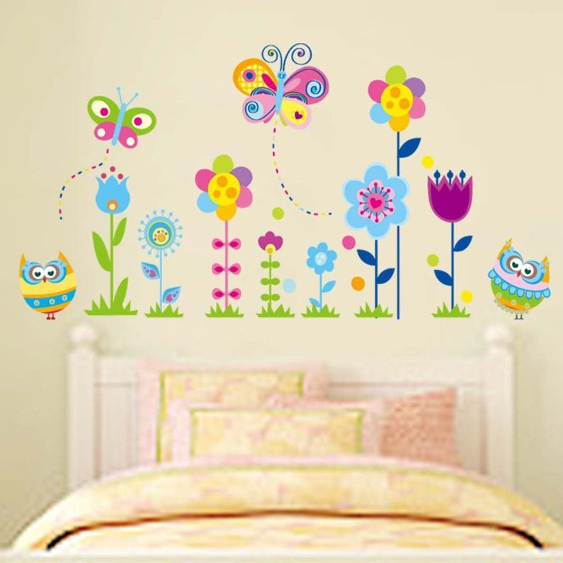 Cartoon Owls Butterflies and Flowers Wall Decals, Children's Room Nursery Removable Wall Stickers Murals size 60x90 jm5116