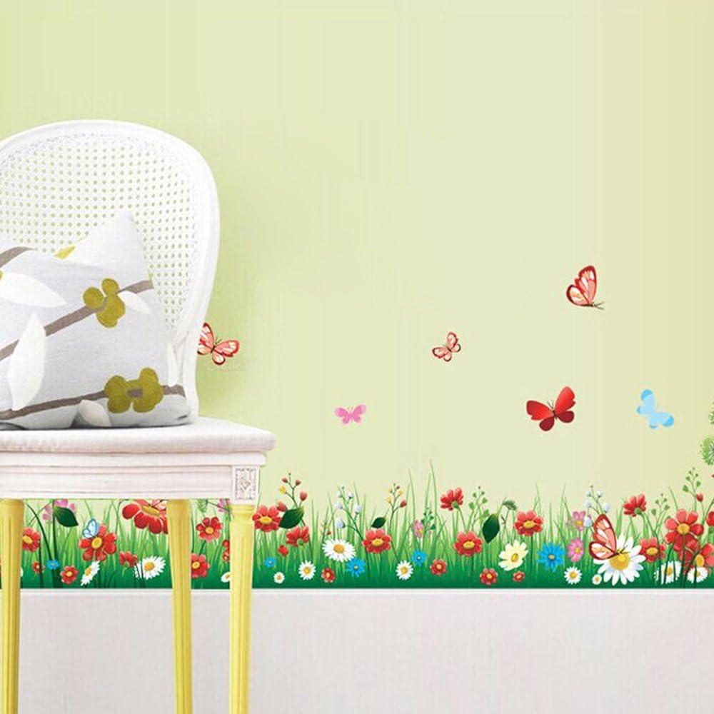 AY7186 Tattoo Green Grass Meadow Wall Sticker DIY Colourful Flowers & Butterflies Mural for Children's Room Living Room Bedroom Baseboard Hallway Wardrobe