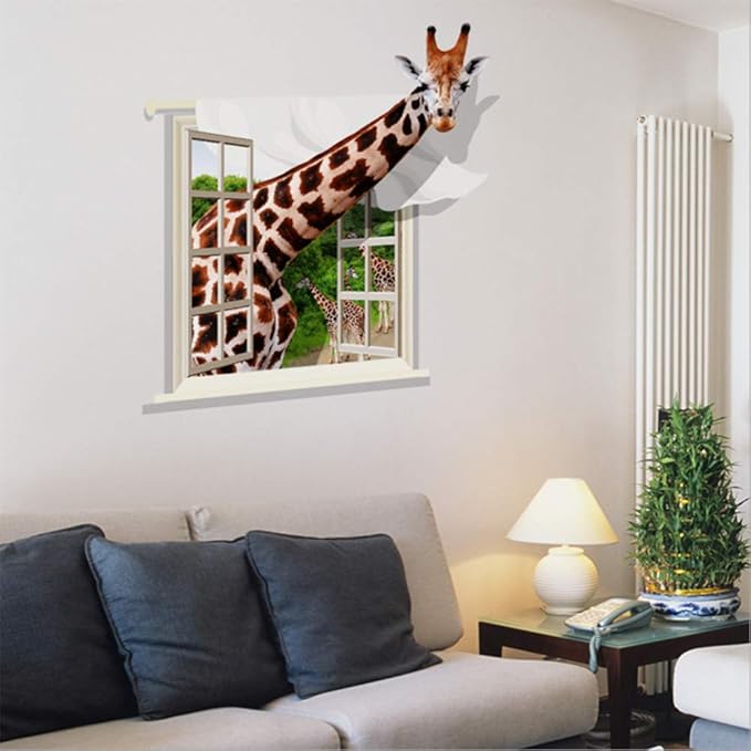 Wall Sticker 3D Animal Removable Wall Decals, Giraffe Creative Window Decal for Kids Room Living Room Decor size 60x90  xh0786c