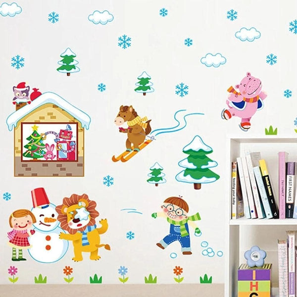 Winter Snow Animals Skiing Children Snowman Wall Stickers Kids Room Bedroom Kindergarten Removable Kids Playing Game Stickers