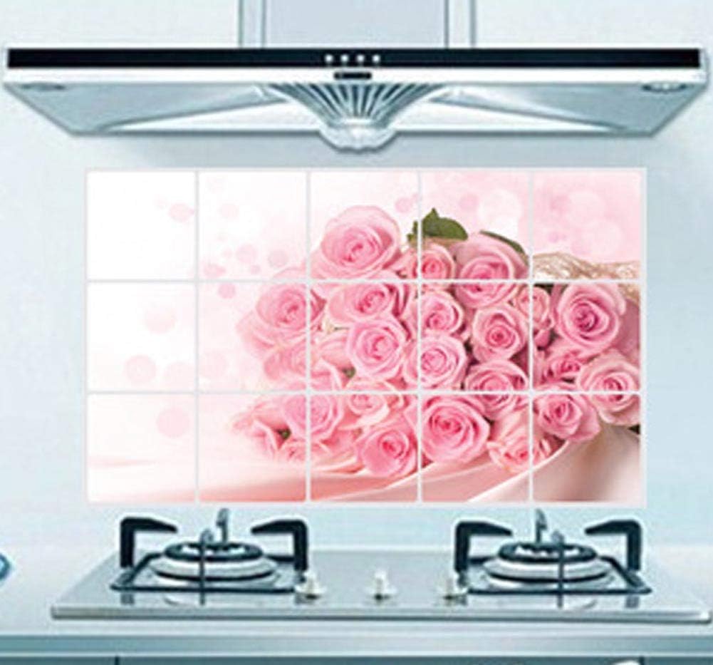 BIBITIME Pink Rose Kitchen Oil Proof Wall Stickers 17.72 inches x 27.56 inches Roses Flower