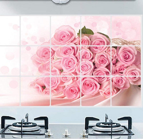 BIBITIME Pink Rose Kitchen Oil Proof Wall Stickers 17.72 inches x 27.56 inches Roses Flower