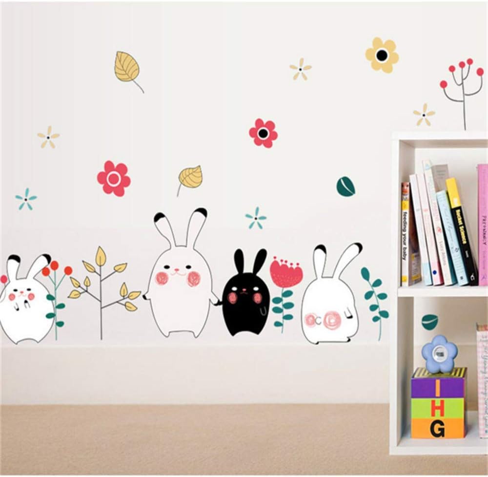 Super Mignon Noir Et Blanc De Bande Dessinée Lapin Fleurs Stickers Muraux Enfants Chambre Décoration Amovible Animal Applique Armoire size 60x90 mj8009
