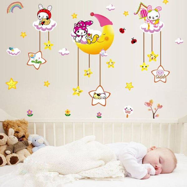 Wallpark Cute Smiling Star Moon Cartoon Rabbit Removable Wall Sticker Decal, Children Kids Baby Home Room Nursery DIY Decorative Adhesive Art Wall Mural size(60x90) xl8073