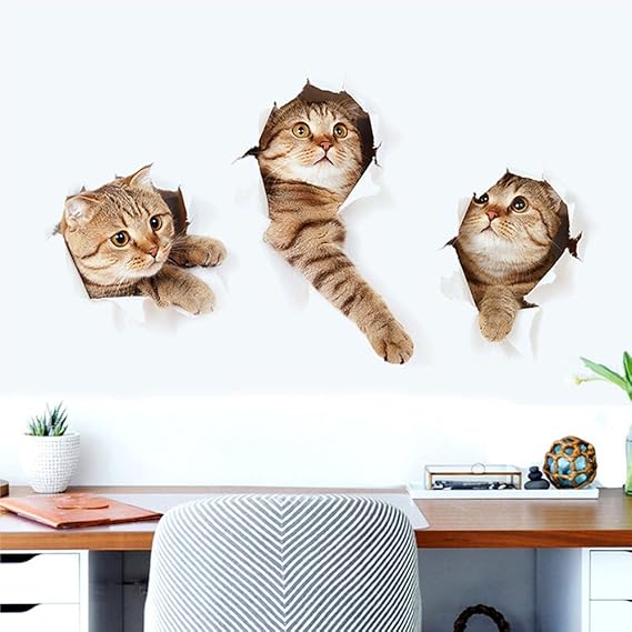 XH6215 3D Stickers Animals Large Cat Stickers Wall Cute Cat Wallpaper Art Decoration for Bedroom, Nursery, Toilet, Kitchen, Living Room, Boys and Girls