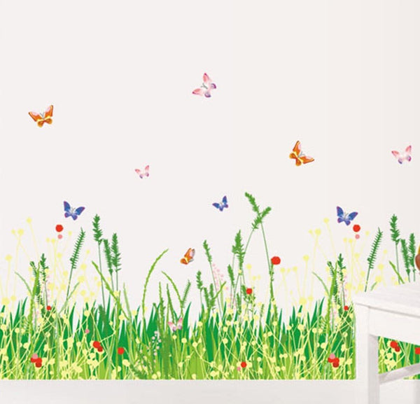 BIBITIME Plants Grass Flowers Border Wall Decal Flying Butterfly Vinyl Sticker for Living Room Skirting line Kitchen Bathroom Window Glass Door Kids Room