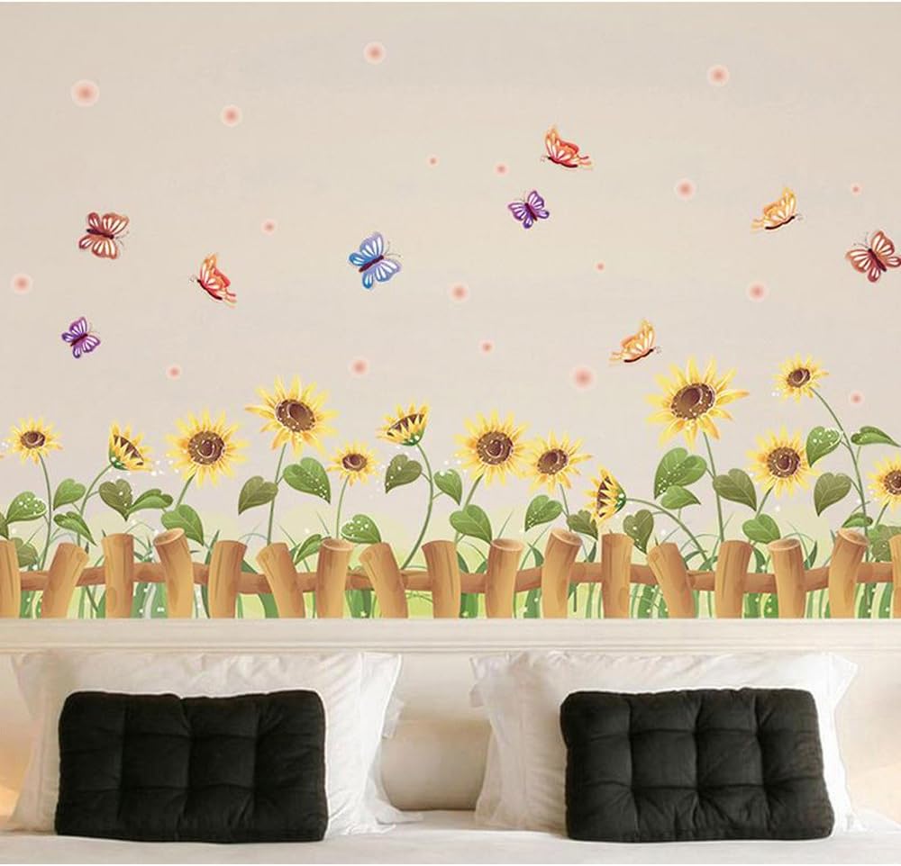 Removable Cartoon Animal Wall Stickers with Butterflies and Flowers, PVC Home Decor Wall Decals for Babies, Kids, Girls, Kitchen Decor, Posters (Sunflower Butterfly Fence) size 50x70 xls7178