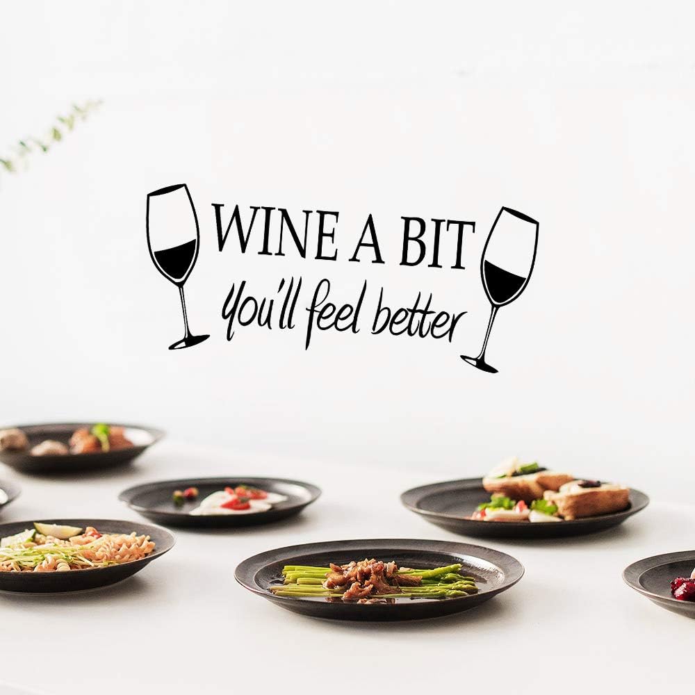Wine a Bit You'll Feel Better Quote Letter Wall Sticker Vinyl Wall Decals Home Arts Removable Kitchen Dining Room Wall Decal Vinyl Home Décor （Black...