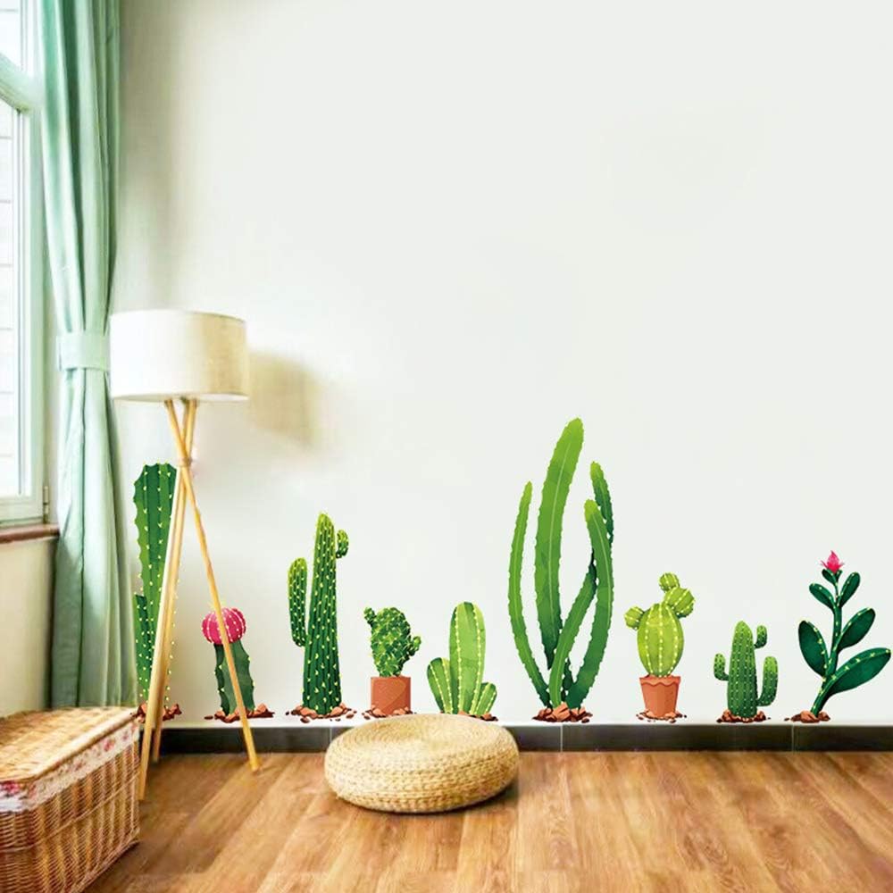 Xh9312 Green Cactus Potted Plant Wall Decal, Nature Tropical Leaf Wall Sticker for Kids, DILIBRA Removable DIY Art Murals Wall Decor for Bedroom Living Room Nursery Bathroom Home Decoration