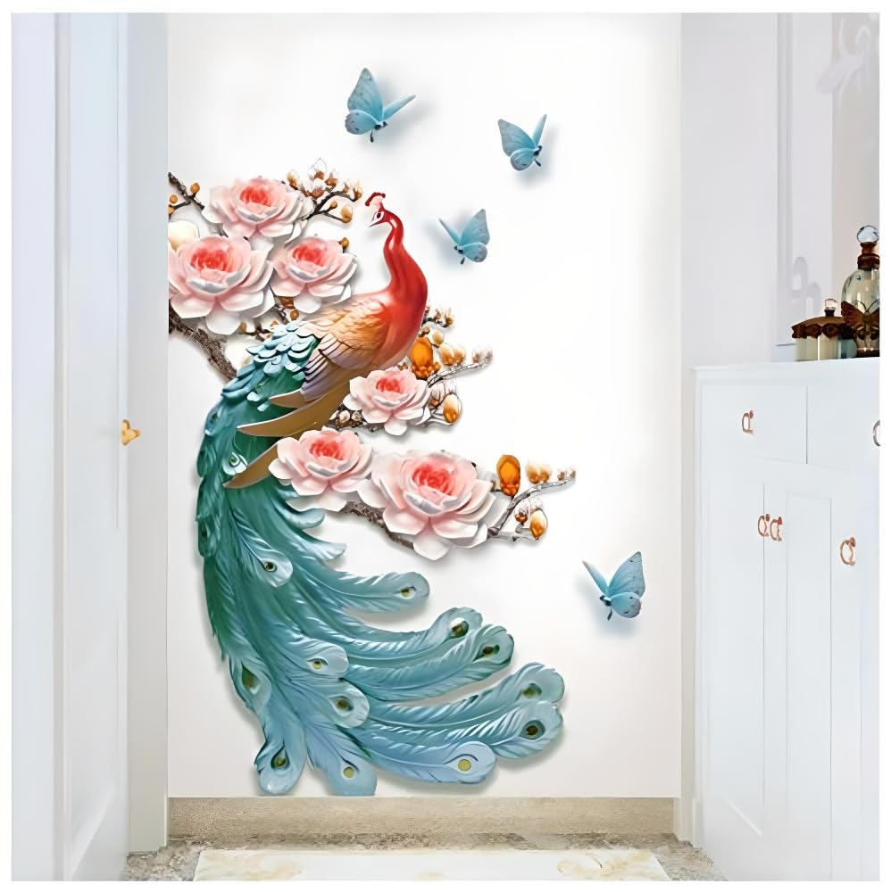 Peacock with Colorfull Sticker for Wall, Wall Design, Wall Design Sticker for Hall, Wall Stickers for Bedroom Big Size, Sticker for Wall Decoration (Set of 2 Wall Sticker Sheet)