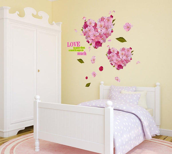 Ay755 'Love is More Than A Word with Heart-Shaped Pink Cherry Blossoms Flowers Bouquet' Wall Sticke