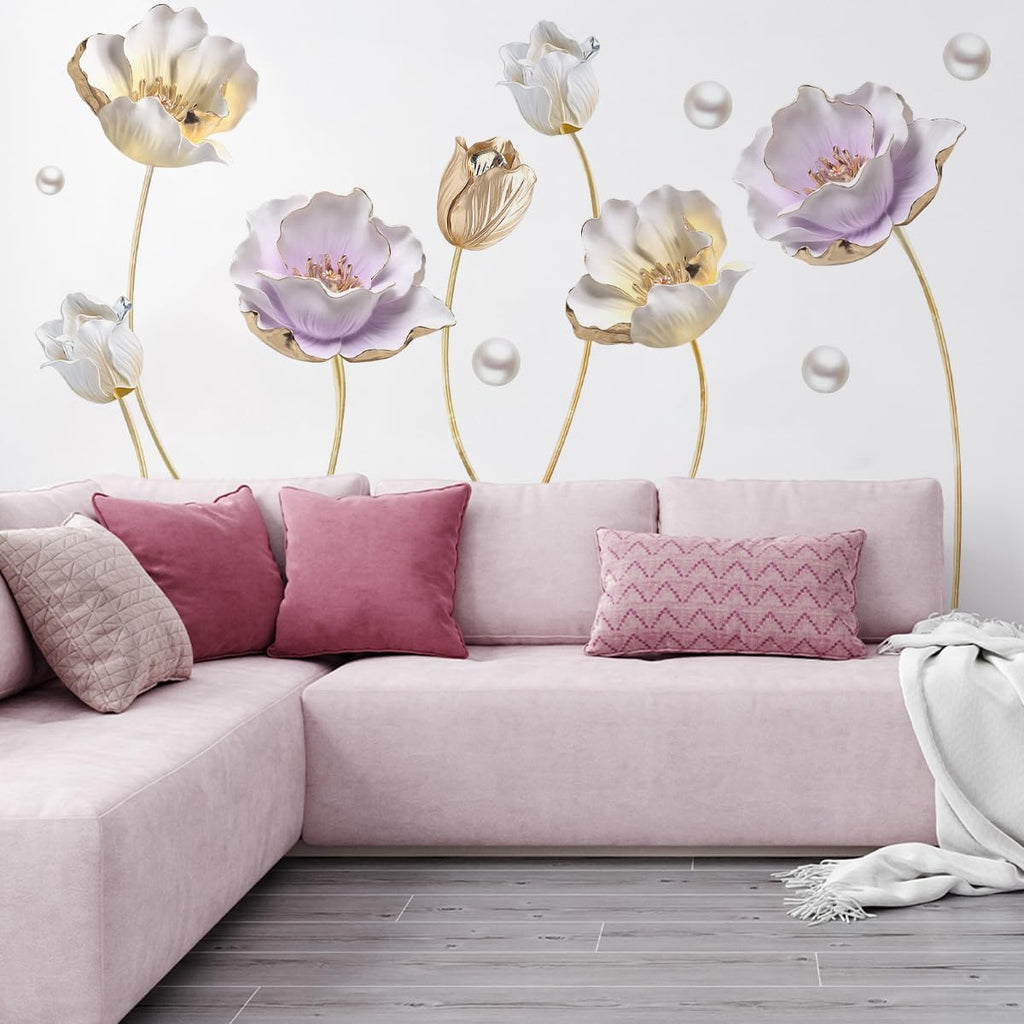 Runtoo 3D Flower Wall Stickers Gold Lotus Floral Wall Art Decals for Living Room Bedroom TV Background Wall Decor GS9720  Size: 60x90cm