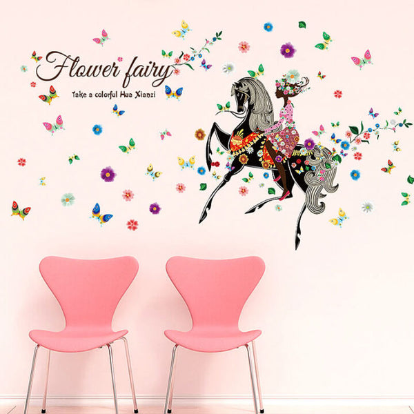 FLOWER FAIRY HORSE Wall Sticker Colorful  Butterfly Wall Paper SK-9005 PVC Removeable Wall Art Decor