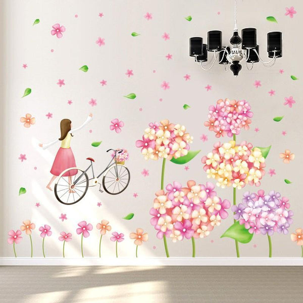 XL8215 cute flowers bicycle girl wall stickers for kids rooms nursery baby bedroom children art wall decals home decorations