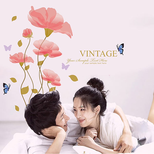 Vintage Beautiful Pink Flowers Wall Decal Sticker - DIY PVC Removable Transparent Film Self-Adhesive Mural Art Wall Decor for Living Room, Bedroom Kids Room Nursery TV Sofa Background size 60x90 ay908