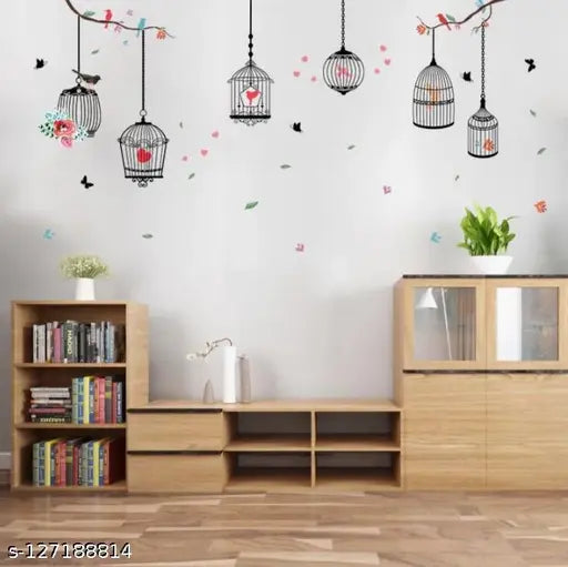 PG888  Girl's Walls Sticked with Bird Cages under Street Lamps and Loving Elk Composite Decoration Stickers