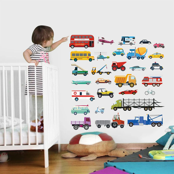 decalmile Cars Wall Stickers Transports Kids Room Wall Decor Peel and Stick Wall Decals for Boys Children's Room Nursery Bedroom Classroom