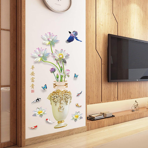 Vase Wall Decal, Exquisite Vase Wall Sticker, Chinese Style Wall Sticker Vase Flower Wall Decor Self-Adhesive for Corridor, Wallpaper  size 60x90 sk9373